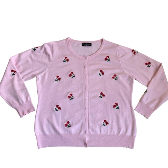 Curlbiuty Light Pink Cardigan with Embroidered Cherries Buttons Down Size 1X - Picture 3 of 15